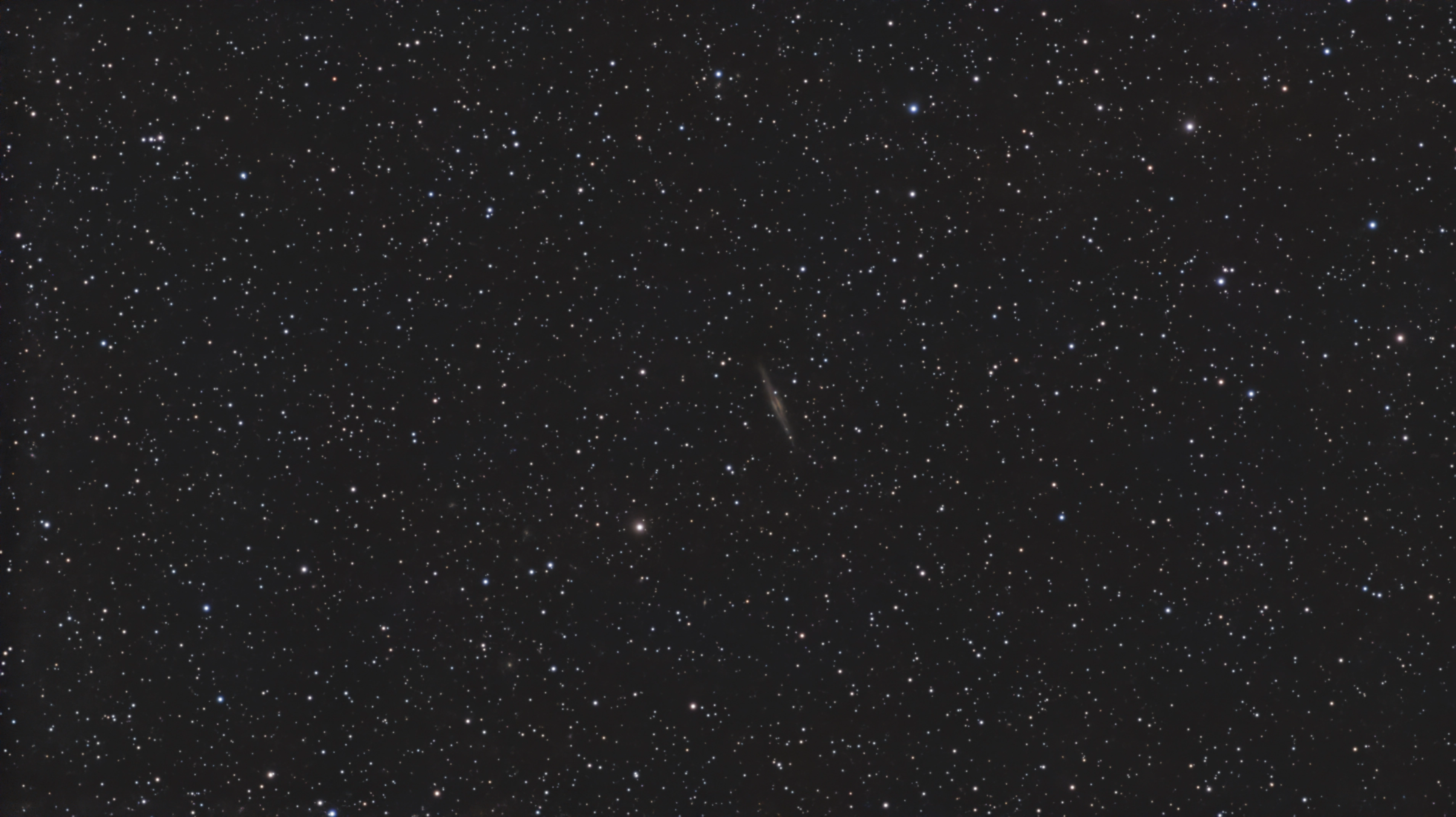 The thin edge-on galaxy NGC 891 and its dark central dust lane amid foreground stars